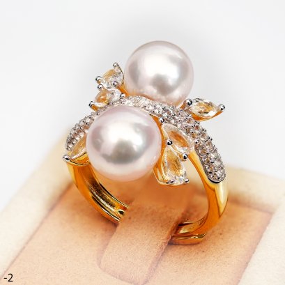 Approx. 8.5 mm up, Akoya Pearl, Duo Pearl White Topaz Ring