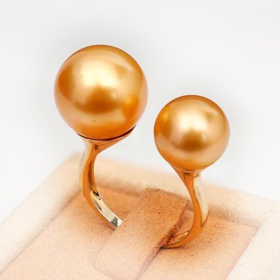 10.1 mm and 12.9 mm, Gold South Sea Pearl, Double Pearl Open Ring
