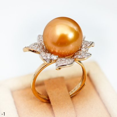 Approx. 12.0 mm, Gold South Sea Pearl, Botanica Diamond Paved Solitaire Pearl Ring