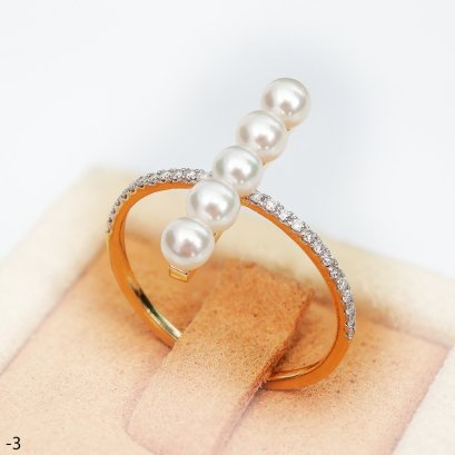 Approx. 3.5 mm, Akoya Pearl, Five Pearls Row Bar Sholder Diamond Paved Ring