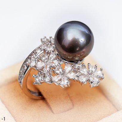 Approx. 11.0 mm, Tahtian Pearl, Flower Bunch CZ Paved Solitaire Pearl Ring