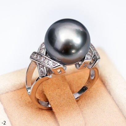 Approx. 11.0 mm, Tahitian Pearl, Cross CZ Paved Solitaire Pearl Ring