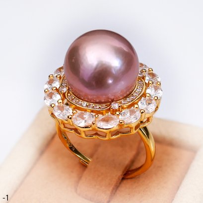 Approx. 13.0 mm, Edison Pearl, Double Halo CZ Solitaire Pearl Ring