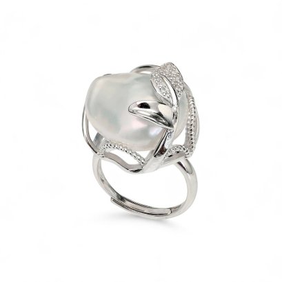Approx. 13.0 x 17.0 mm, Souffle Pearl, Leaf CZ Paved Solitaire Pearl Ring