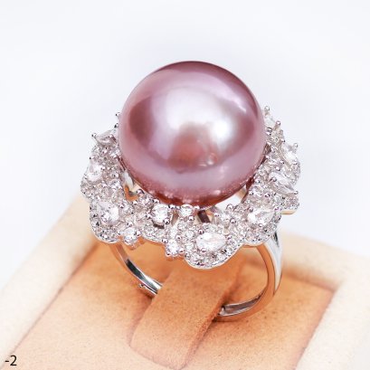 Approx. 14.5 - 15.0 mm, Edison Pearl, Wreath CZ Paved Solitaire Pearl Ring