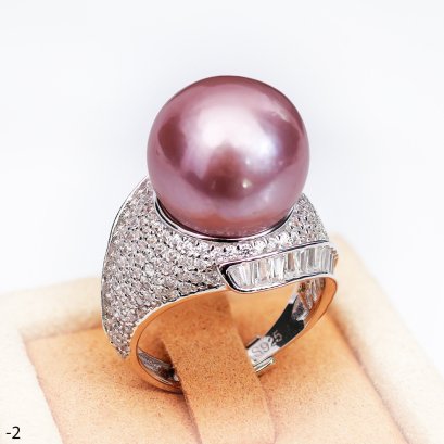 Approx. 13.0 -14.0 mm, Edison Pearl, Wide Shoulder CZ Paved Solitaire Pearl Ring