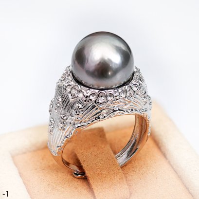 Approx. 11.0 mm, Tahitian Pearl, Solitaire Pearl CZ Paved Ring