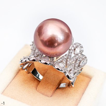 Approx. 14.0 mm, Edison Pearl, Peacock Tail CZ Paved Solitaire Pearl Ring