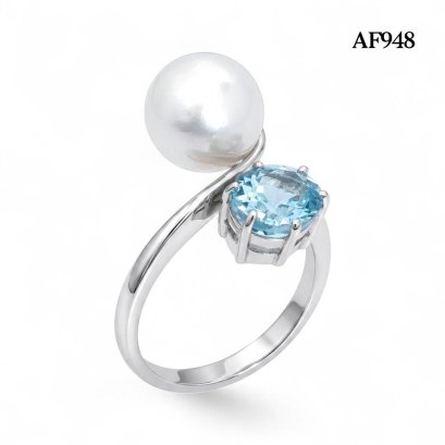 Approx. 9.0 -10.0 mm, White South Sea Pearl, Sky Blue Topaz and Solitaire Pearl Open Ring