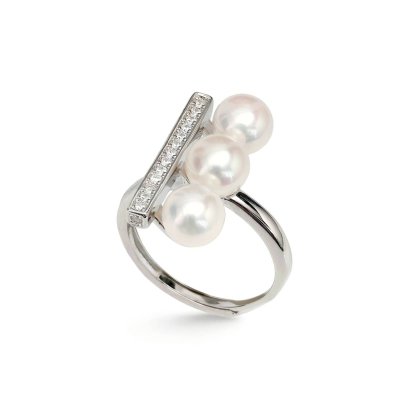 Approx. 6.5 mm, Akoya Pearl, Triple Pearl Bar CZ Paved Ring