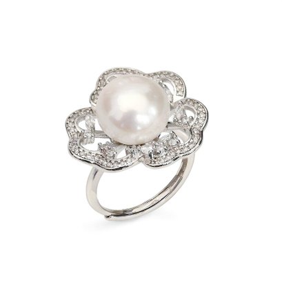 Approx. 11.4 mm, Edison Pearl, Flower CZ Paved Solitaire Pearl Ring