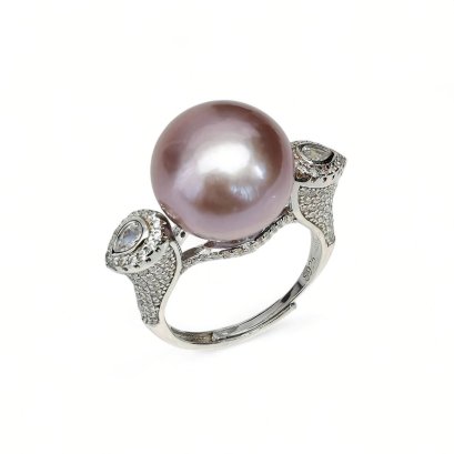 Approx. 13.0 - 13.5 mm, Diva Copper Lot, Edison Pearl, Solitaire Pearl Drop Halo Side Stones Ring