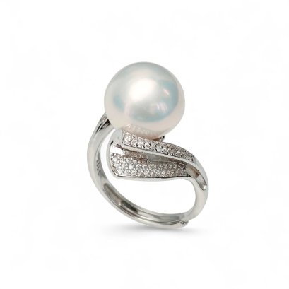 Approx. 11.0 mm, Edison Pearl, Solitair Pearl Ribbon CZ Paved Ring