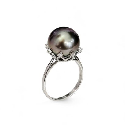 12.49 mm, Tahitian Pearl, Diamond Crown Solitaire Pearl Ring