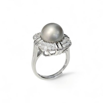 Approx. 10.5 mm, Tahitian Pearl, Solitaire Pearl Cushion Shape CZ Pave Ring