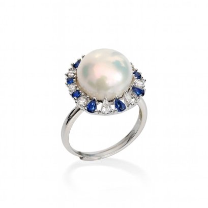 Approx. 11.5 - 12.5 mm, Edison Pearl, Blue & White CZ Halo Pearl Ring