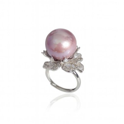 15.0 mm, Edison Pearl, Solitaire Pearl Blooming Flower Ring