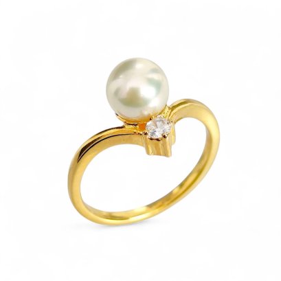 Approx. 6.8 - 7.0 mm, Moonlight Lot, Akoya Pearl, Crown Solitaire Pearl CZ Side Stone Ring