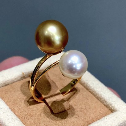 8.29 mm and 10.2 mm, Akoya Pearl and Gold South Sea Pearl, Double Pearl Ring