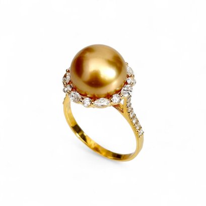 11.7 mm, Gold South Sea Pearl, Solitaire Pearl Halo Diamond Ring