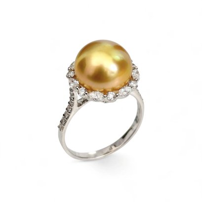 11.9 mm, Gold South Sea Pearl, Solitaire Pearl Halo Lab Grown Diamond Ring