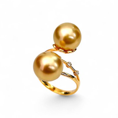 10.5 mm and 10.7 mm, Gold South Sea Pearl, Duo Pearl Diamond Line Ring