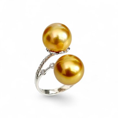 11.4 mm and 11.4 mm, Gold South Sea Pearl, Duo Pearl Diamond Line Ring