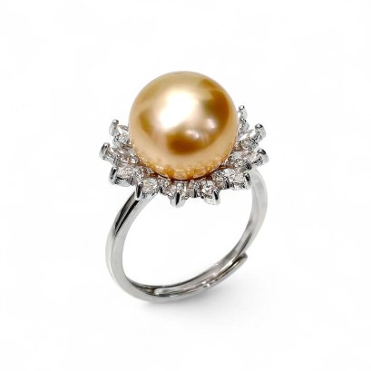 Approx. 11.1 mm, Gold South Sea Pearl, Solitaire Pearl Halo CZ Ring