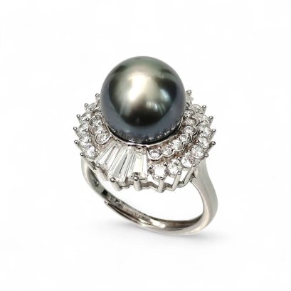 Approx. 11.0 - 11.5 mm, Tahitian Pearl, Solitaire Pearl Halo CZ Rings