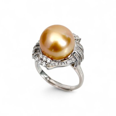 Approx. 12.0 mm, Gold South Sea Pearl, Solitaire Pearl Halo CZ Ring