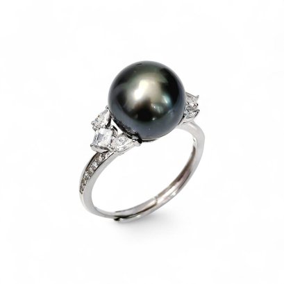 Approx. 10.5 mm, Tahitian Pearl, Solitaire Pearl Side Stones CZ Fancy Shape Ring