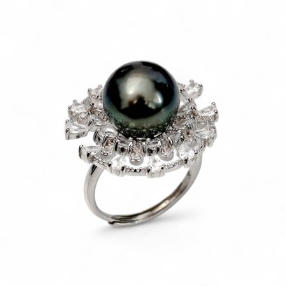 Approx. 11.0 mm, Tahitian Pearl, Solitaire Pearl Halo Fan CZ Ring