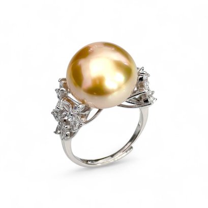 14.1 mm, Gold South Sea Pearl, Solitaire Pearl Shoulder Flowers CZ Paved Ring