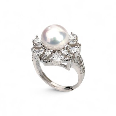 Approx. 9.5 mm, Edison Pearl, Solitaire Pearl Halo CZ Double Stripe Shoulder CZ Paved Ring