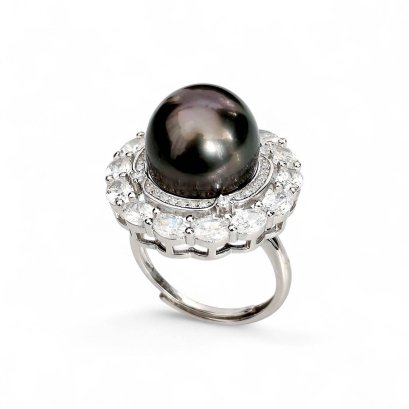12.4 mm, Tahitian Pearl, Solitaire Pearl, Double Halo CZ Ring