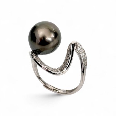 11.5 mm, Tahitian Pearl, Solitaire Pearl, S Shaped CZ Paved Ring