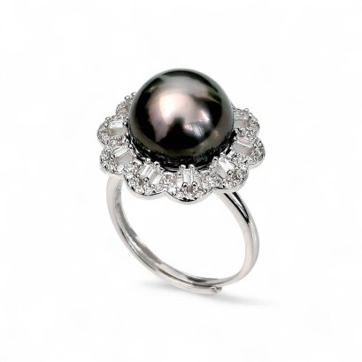 11.7 mm, Tahitian Pearl, Solitaire Pearl Halo Flower CZ Paved Ring