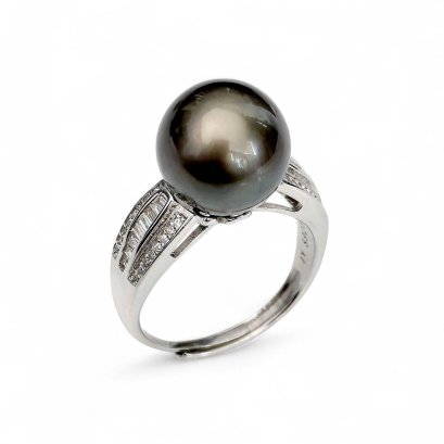 Approx. 11.0 mm, Tahitian Pearl, Solitaire Pearl Shoulder CZ Paved Ring