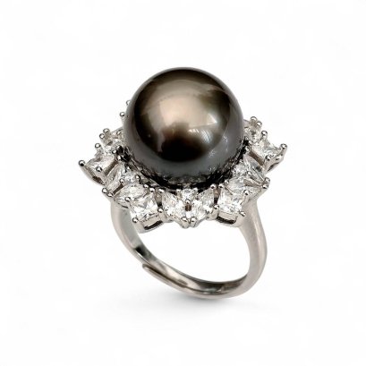 12.6 mm, Tahitian Pearl, Solitaire Pearl Halo Flower CZ Ring
