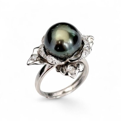 11.9 mm, Tahitian Pearl, Solitaire Pearl Flower Ring