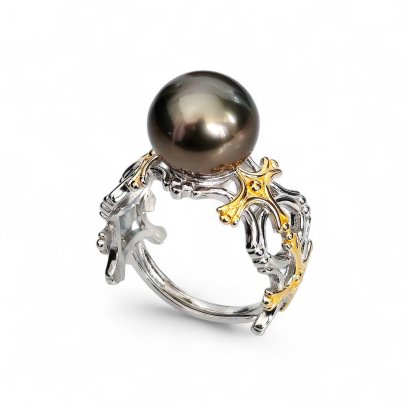 Approx. 10.0 mm, Tahitian Pearl, Solitaire Pearl Crown Shoulder Ring