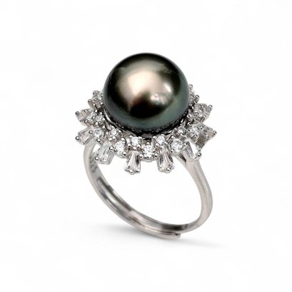 11.0 mm, Tahitian Pearl, Solitaire Pearl Halo Flower CZ Ring