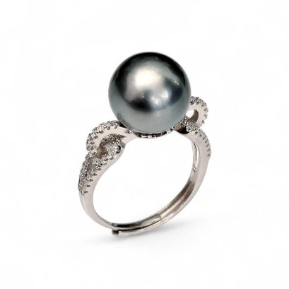 11.4 mm, Tahitian Pearl, Solitaire Pearl Shoulder Link CZ Paved Ring