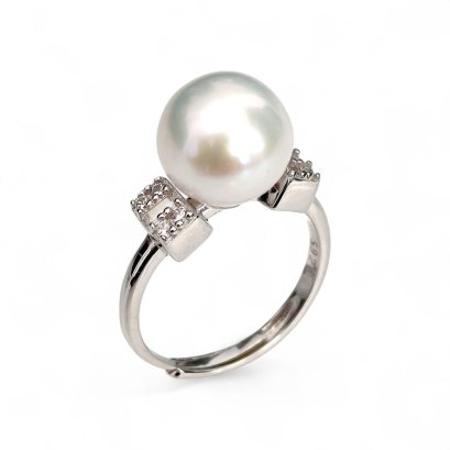Approx. 10.5 mm, Edison Pearl, Solitaire Pearl Brick Shoulder CZ Paved Ring