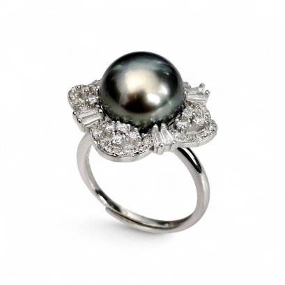 Approx.11.0 mm, Tahitian Pearl, Solitaire Pearl Diamond Shaped Halo CZ Paved Ring