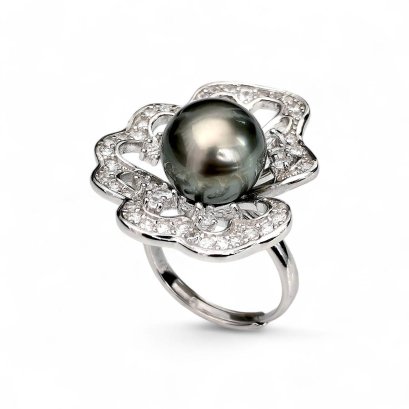 Approx. 11.6 mm, Tahitian Pearl, Solitaire Pearl Stencil Lotus Leaf CZ Paved Ring