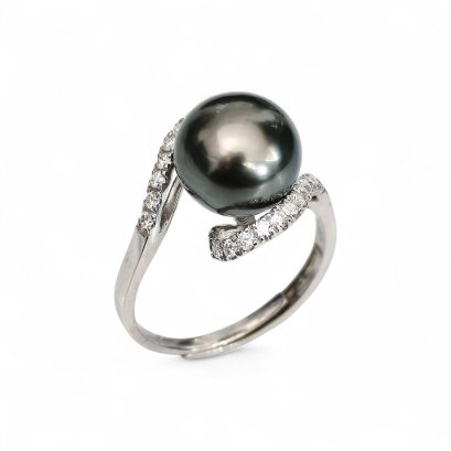 Approx. 10.5 - 11.0 mm, Tahitian Pearl, Solitaire Pearl Half Halo CZ Paved Ring