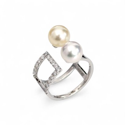 Approx. 8.0 mm, Moonlight Lot, Akoya Pearl, Duo Pearl Double Stripes Moissanite Paved Open Ring