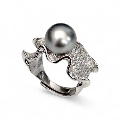Approx. 10.0 - 10.5 mm, Tahitian Pearl, Solitaire Pearl Shoulder Wave CZ Paved Ring