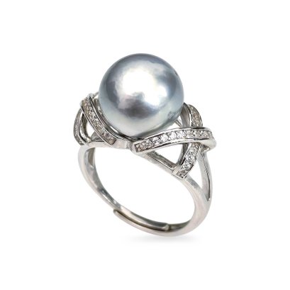 11.45 mm, Tahitian Pearl,  Solitaire Pearl Shoulder Bow Cross CZ Paved Ring